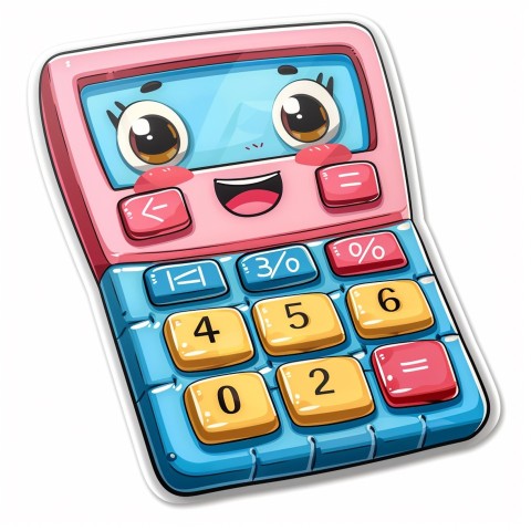 Cute Kawaii Stickers Adorable Calculator with Big Buttons and Grinning Display on White Background (21)