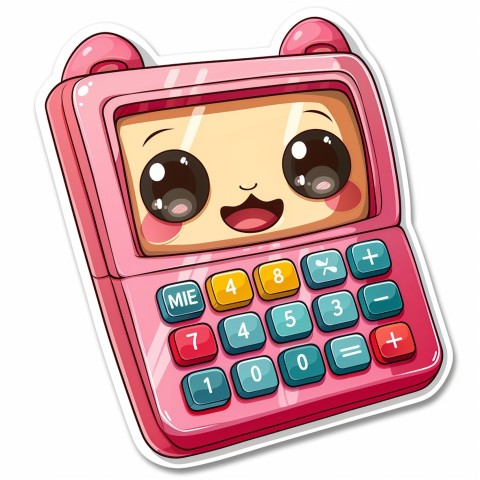 Cute Kawaii Stickers Adorable Calculator with Big Buttons and Grinning Display on White Background (25)