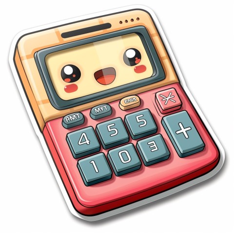 Cute Kawaii Stickers Adorable Calculator with Big Buttons and Grinning Display on White Background (44)