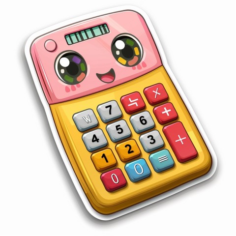 Cute Kawaii Stickers Adorable Calculator with Big Buttons and Grinning Display on White Background (45)