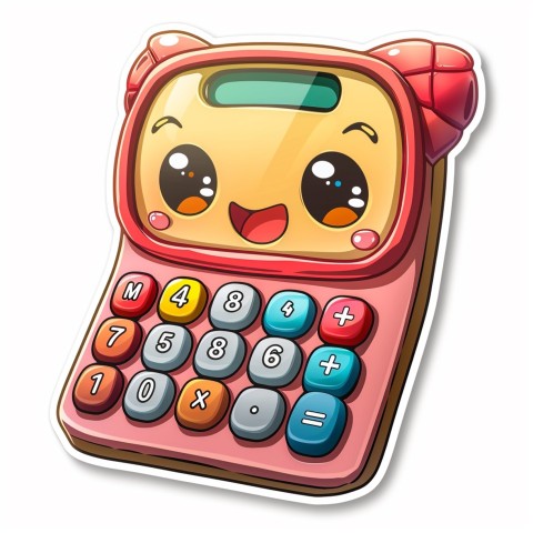 Cute Kawaii Stickers Adorable Calculator with Big Buttons and Grinning Display on White Background (57)