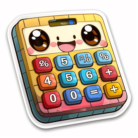 Cute Kawaii Stickers Adorable Calculator with Big Buttons and Grinning Display on White Background (59)