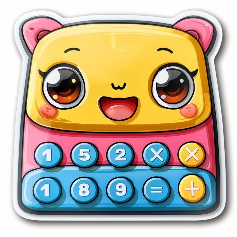 Cute Kawaii Stickers Adorable Calculator with Big Buttons and Grinning Display on White Background (49)