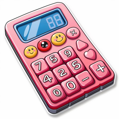 Cute Kawaii Stickers Adorable Calculator with Big Buttons and Grinning Display on White Background (54)