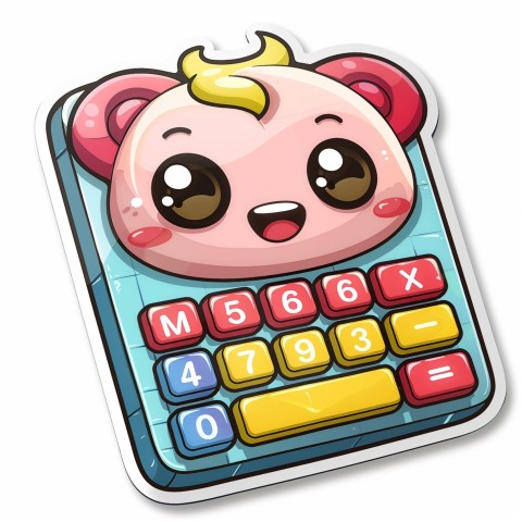 Cute Kawaii Stickers Adorable Calculator with Big Buttons and Grinning Display on White Background (48)