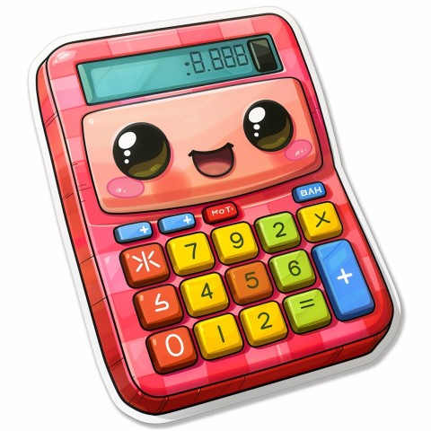 Cute Kawaii Stickers Adorable Calculator with Big Buttons and Grinning Display on White Background (56)