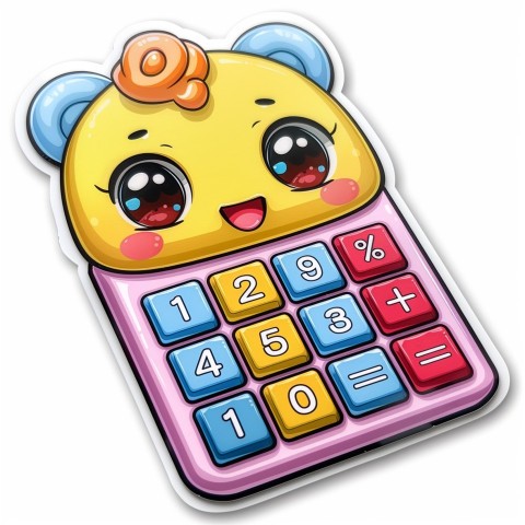 Cute Kawaii Stickers Adorable Calculator with Big Buttons and Grinning Display on White Background (42)