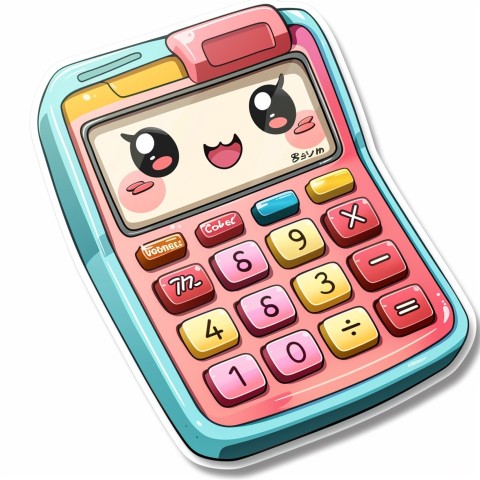 Cute Kawaii Stickers Adorable Calculator with Big Buttons and Grinning Display on White Background (78)