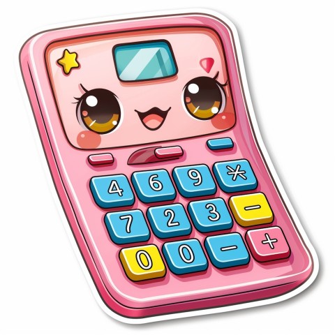 Cute Kawaii Stickers Adorable Calculator with Big Buttons and Grinning Display on White Background (79)