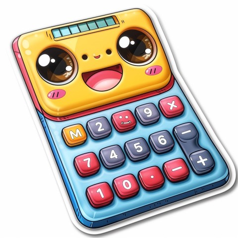 Cute Kawaii Stickers Adorable Calculator with Big Buttons and Grinning Display on White Background (73)