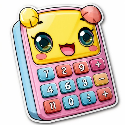 Cute Kawaii Stickers Adorable Calculator with Big Buttons and Grinning Display on White Background (68)