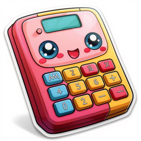 Cute Kawaii Stickers Adorable Calculator with Big Buttons and Grinning Display on White Background (71)