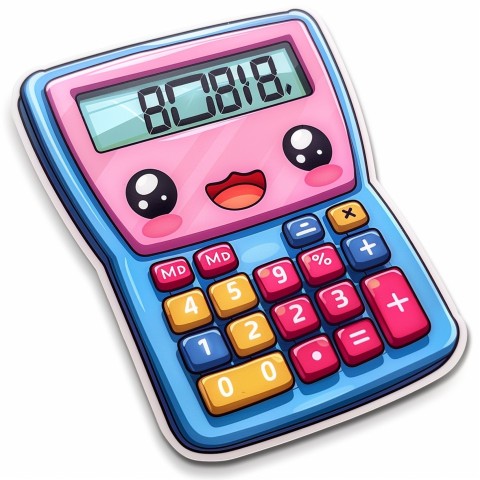 Cute Kawaii Stickers Adorable Calculator with Big Buttons and Grinning Display on White Background (70)