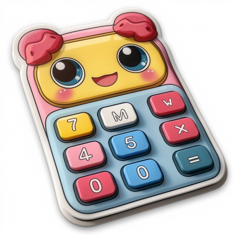 Cute Kawaii Stickers Adorable Calculator with Big Buttons and Grinning Display on White Background (96)