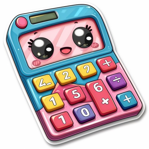 Cute Kawaii Stickers Adorable Calculator with Big Buttons and Grinning Display on White Background (92)