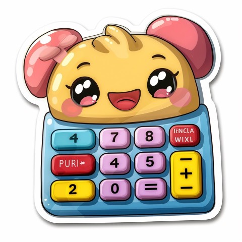 Cute Kawaii Stickers Adorable Calculator with Big Buttons and Grinning Display on White Background (91)