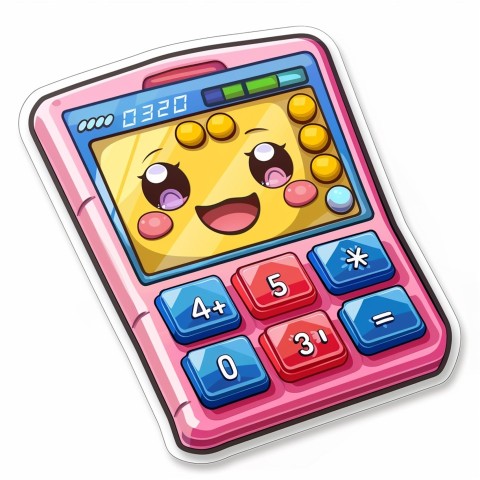 Cute Kawaii Stickers Adorable Calculator with Big Buttons and Grinning Display on White Background (121)