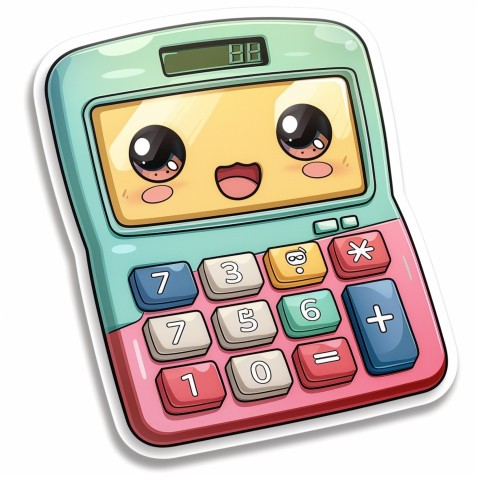 Cute Kawaii Stickers Adorable Calculator with Big Buttons and Grinning Display on White Background (106)