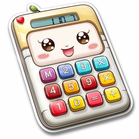 Cute Kawaii Stickers Adorable Calculator with Big Buttons and Grinning Display on White Background (131)