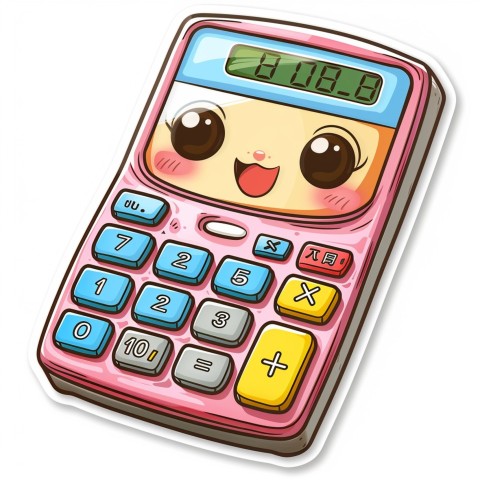 Cute Kawaii Stickers Adorable Calculator with Big Buttons and Grinning Display on White Background (126)