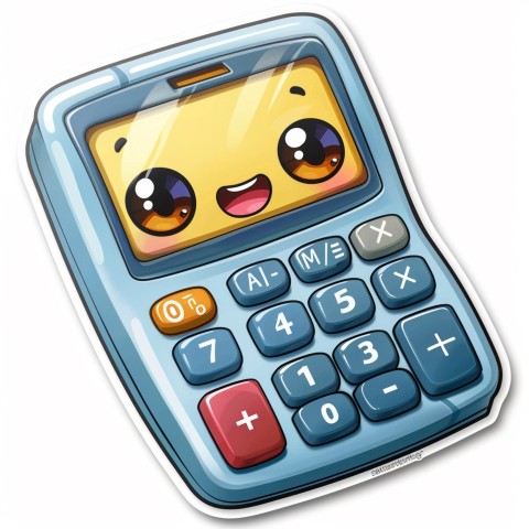 Cute Kawaii Stickers Adorable Calculator with Big Buttons and Grinning Display on White Background (113)