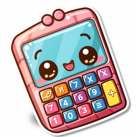 Cute Kawaii Stickers Adorable Calculator with Big Buttons and Grinning Display on White Background (109)