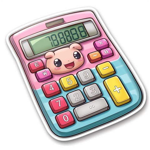 Cute Kawaii Stickers Adorable Calculator with Big Buttons and Grinning Display on White Background (132)