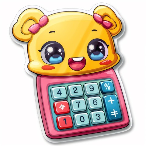 Cute Kawaii Stickers Adorable Calculator with Big Buttons and Grinning Display on White Background (117)