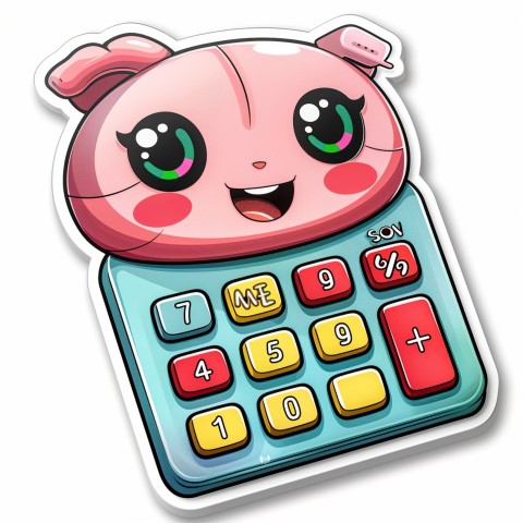 Cute Kawaii Stickers Adorable Calculator with Big Buttons and Grinning Display on White Background (116)