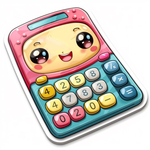 Cute Kawaii Stickers Adorable Calculator with Big Buttons and Grinning Display on White Background (115)