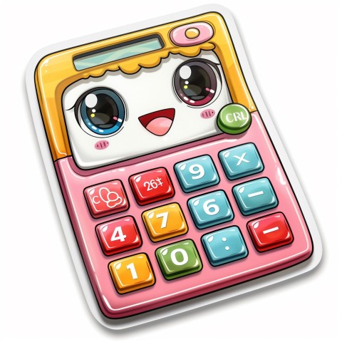 Cute Kawaii Stickers Adorable Calculator with Big Buttons and Grinning Display on White Background (101)