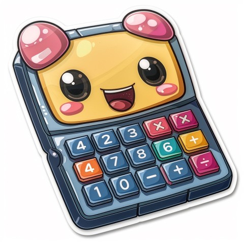 Cute Kawaii Stickers Adorable Calculator with Big Buttons and Grinning Display on White Background (118)