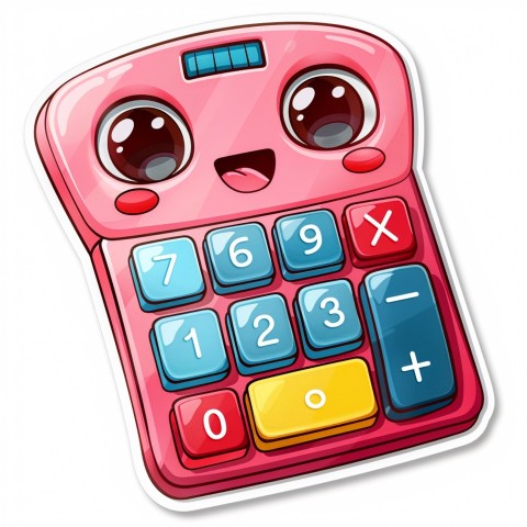 Cute Kawaii Stickers Adorable Calculator with Big Buttons and Grinning Display on White Background (105)