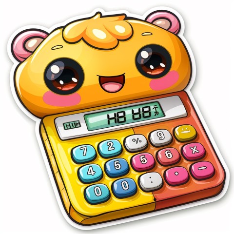 Cute Kawaii Stickers Adorable Calculator with Big Buttons and Grinning Display on White Background (129)