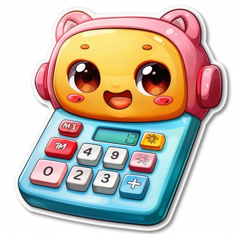 Cute Kawaii Stickers Adorable Calculator with Big Buttons and Grinning Display on White Background (127)