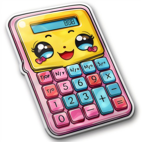 Cute Kawaii Stickers Adorable Calculator with Big Buttons and Grinning Display on White Background (125)