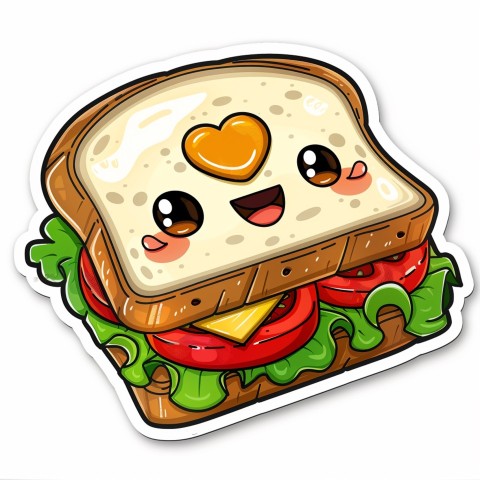 Cute Kawaii Stickers Cheerful Sandwich with Playful Pose on White Background (1)