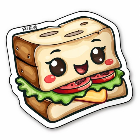 Cute Kawaii Stickers Cheerful Sandwich with Playful Pose on White Background (31)