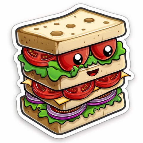 Cute Kawaii Stickers Cheerful Sandwich with Playful Pose on White Background (35)