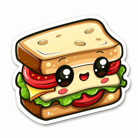 Cute Kawaii Stickers Cheerful Sandwich with Playful Pose on White Background (39)