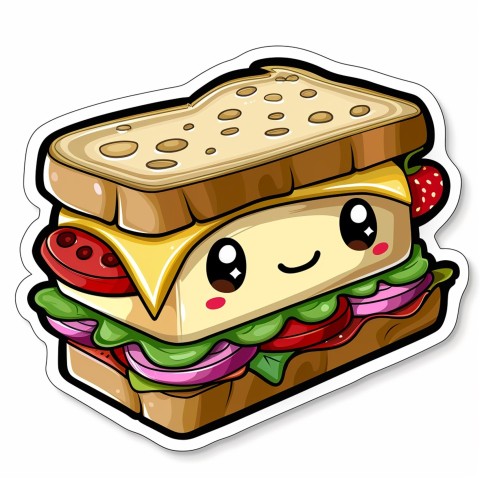 Cute Kawaii Stickers Cheerful Sandwich with Playful Pose on White Background (27)