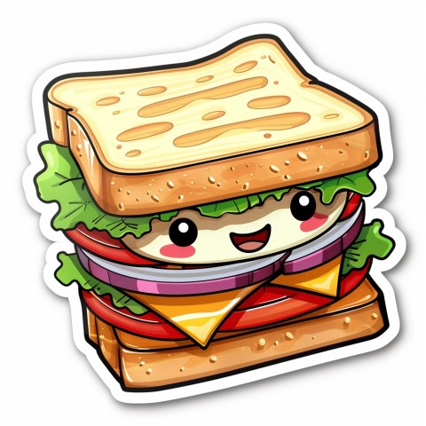 Cute Kawaii Stickers Cheerful Sandwich with Playful Pose on White Background (52)