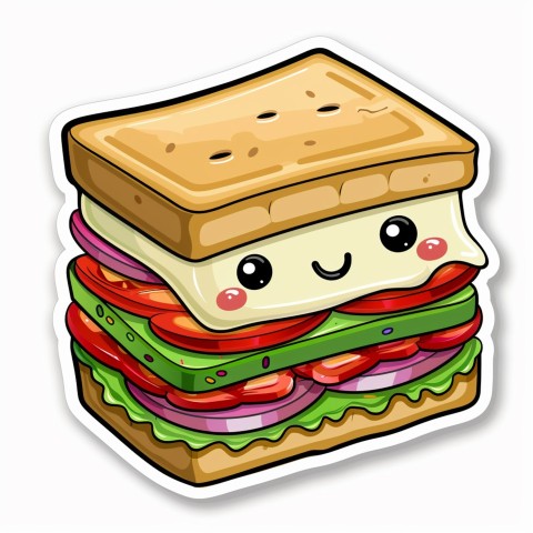 Cute Kawaii Stickers Cheerful Sandwich with Playful Pose on White Background (56)