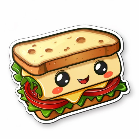 Cute Kawaii Stickers Cheerful Sandwich with Playful Pose on White Background (62)