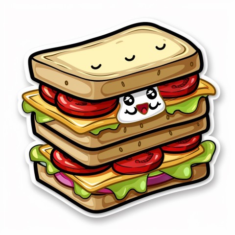 Cute Kawaii Stickers Cheerful Sandwich with Playful Pose on White Background (97)