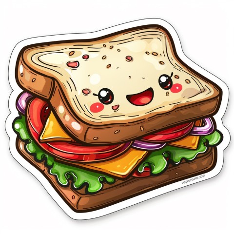 Cute Kawaii Stickers Cheerful Sandwich with Playful Pose on White Background (84)