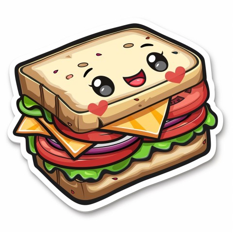 Cute Kawaii Stickers Cheerful Sandwich with Playful Pose on White Background (108)