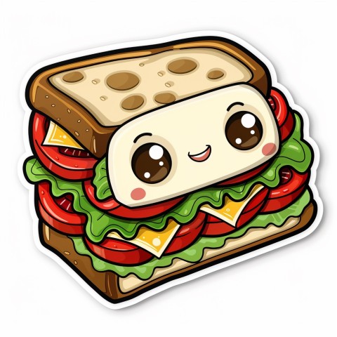 Cute Kawaii Stickers Cheerful Sandwich with Playful Pose on White Background (106)