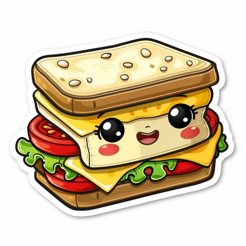 Cute Kawaii Stickers Cheerful Sandwich with Playful Pose on White Background (113)