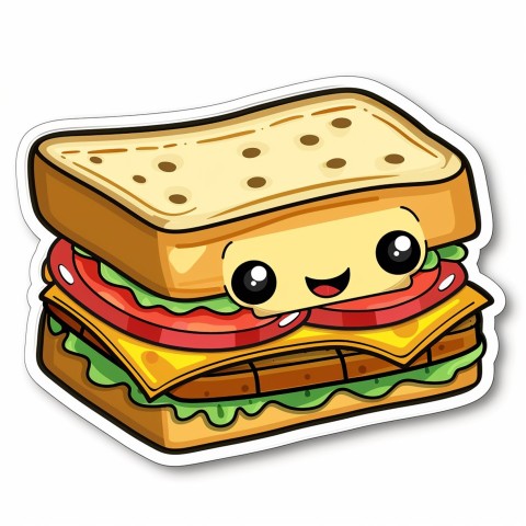 Cute Kawaii Stickers Cheerful Sandwich with Playful Pose on White Background (109)